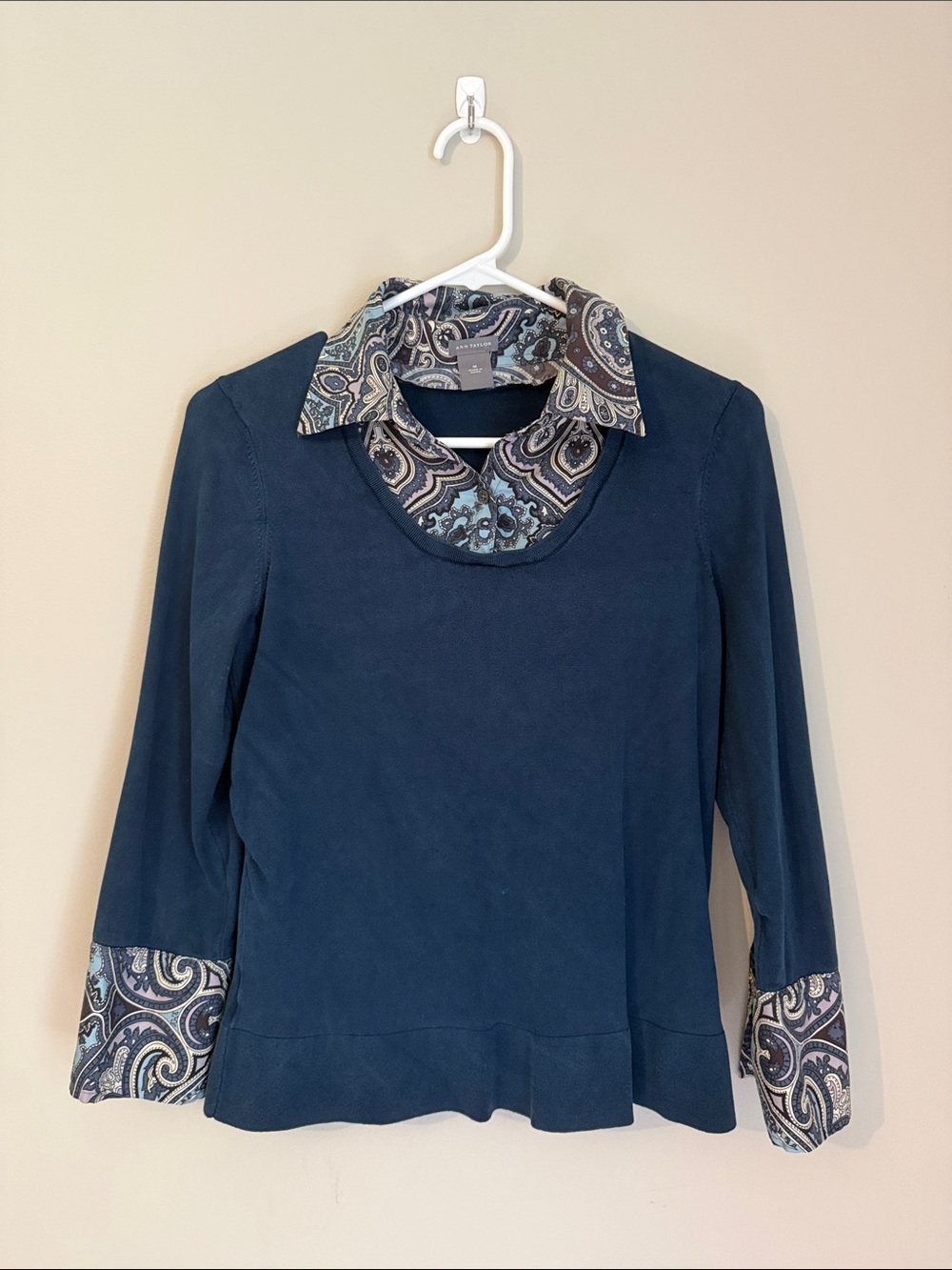 Ann Taylor Navy Top with Paisley Collar & Cuff